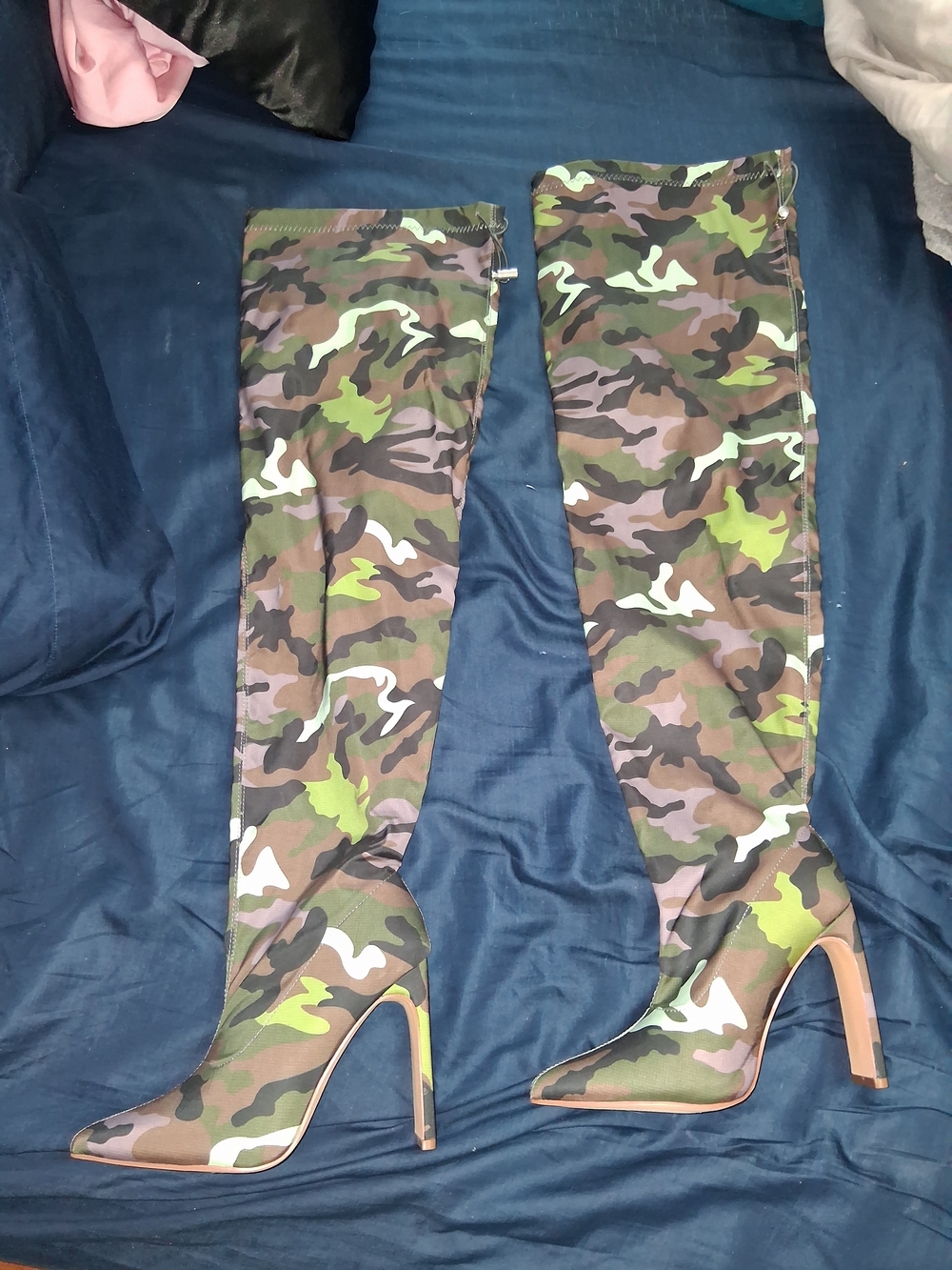 Liliana Camouflage Over-the-Knee Stiletto Boots in Green/Brown